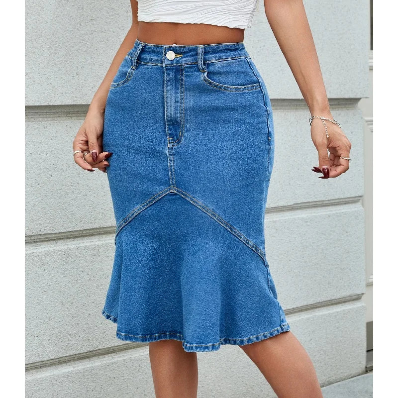Women High Waist Denim Skirts Knee Length Stretch Jeans Skirt
