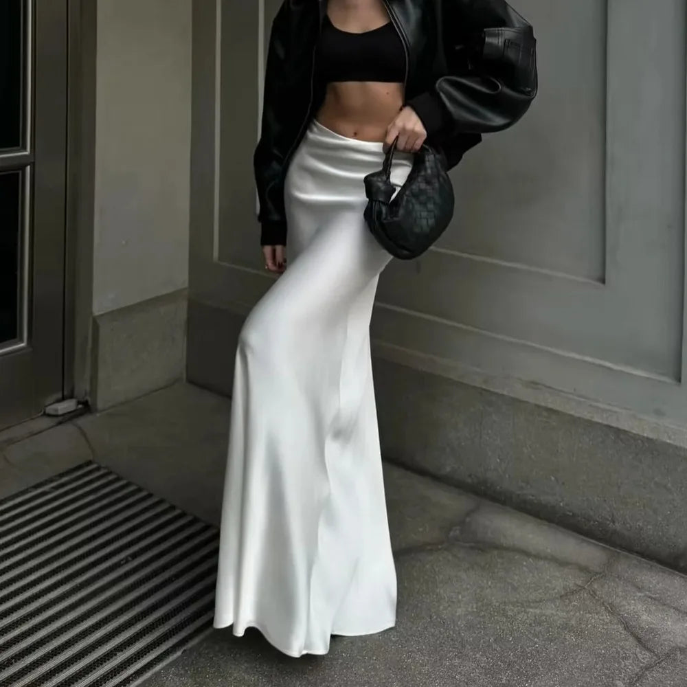 New In 2025 Women's Spring Summer Solid Color Elegant Satin Long Skirts Trendy High Waisted Fall French Style Faldas